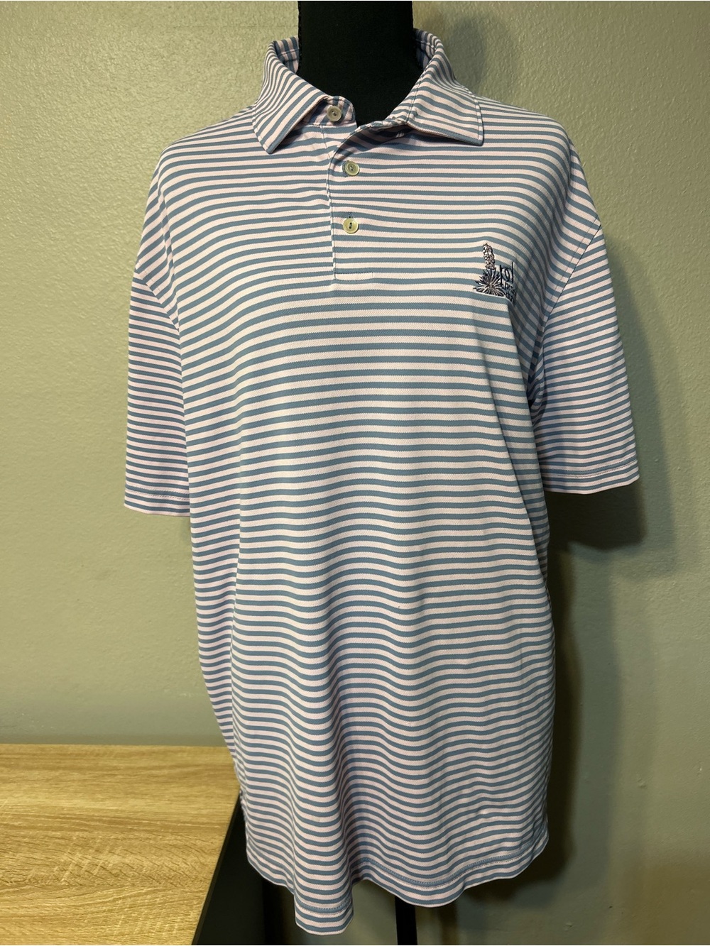 Peter Millar Prairie Dunes Men’s L Striped Golf Polo Blue White Performance